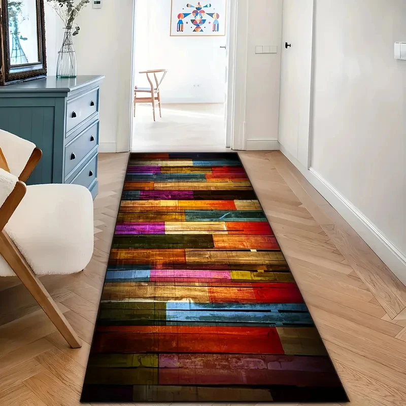 VIKAMA Color Vintage Wood Grain Strip Kitchen Carpet Non Slip Machine Washable Corridor Floor Mat Laundry Bedroom Home Decor