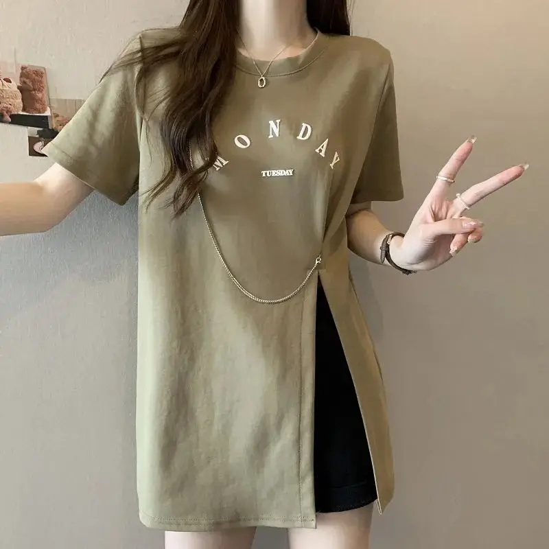 

Fashion O-Neck Printed Letter Spliced Slit Casual T-Shirts Female Clothing 2024 Summer New Loose Korean Tops All-match Tee Shirt