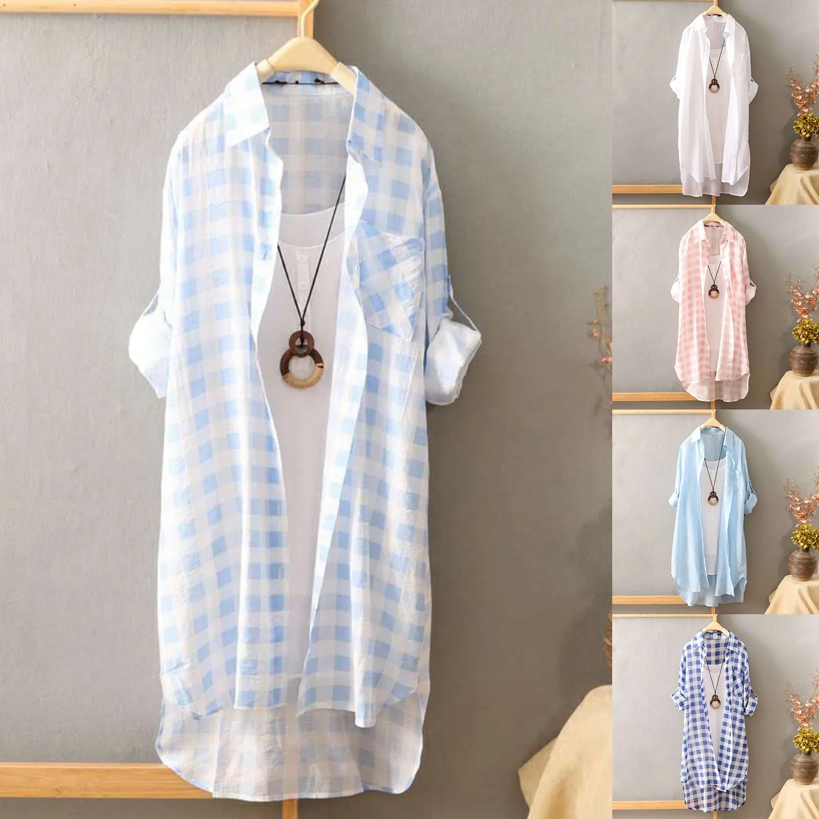 Women Casual Plaid Cotton Shirt Fashion Oversized Loose Button Outdoorwear Tunic Shirt Blouse Female Long sleeve Beach Sun Tops