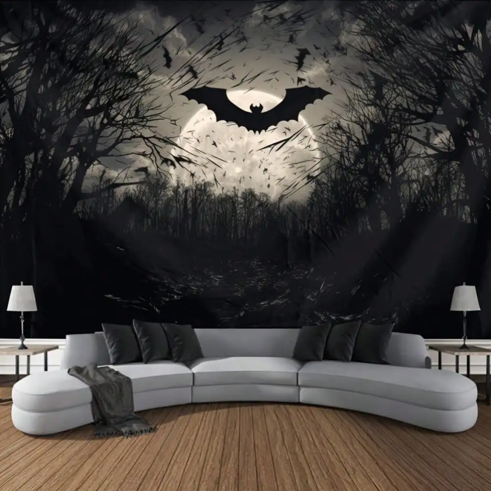 1pc Halloween Tapestry Bat Moon Gothic Wall Hanging Spooky Forest Decor for Living Room Dorm Back-to-school season Autumn gifts
