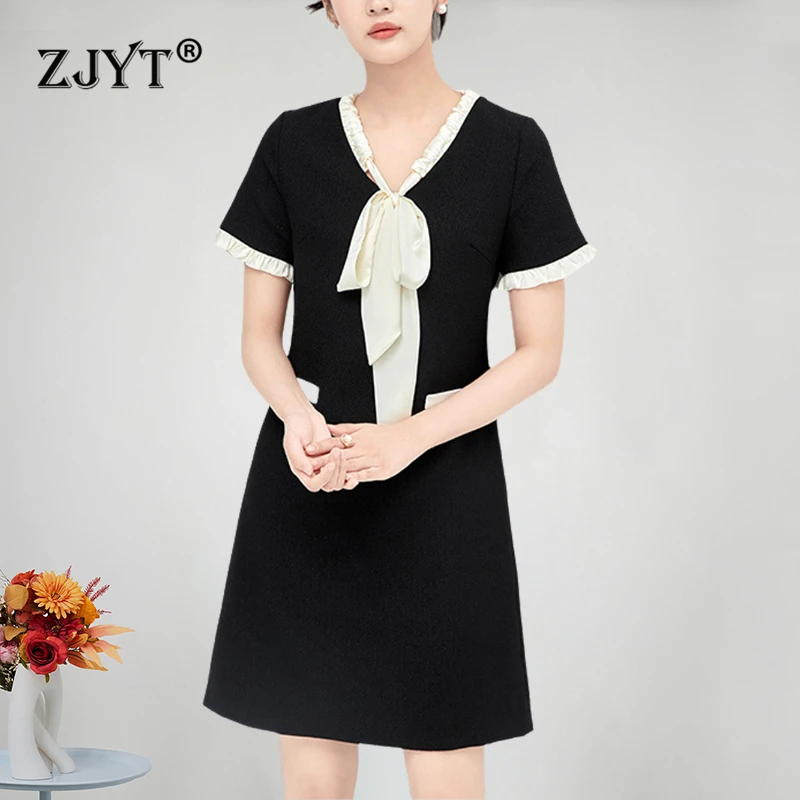 

ZJYT Color Block Dress for Women Short Sleeve Bow Collar Casual Dresses Elegant Loose Waist Vestidos 2024 New Summer Designer