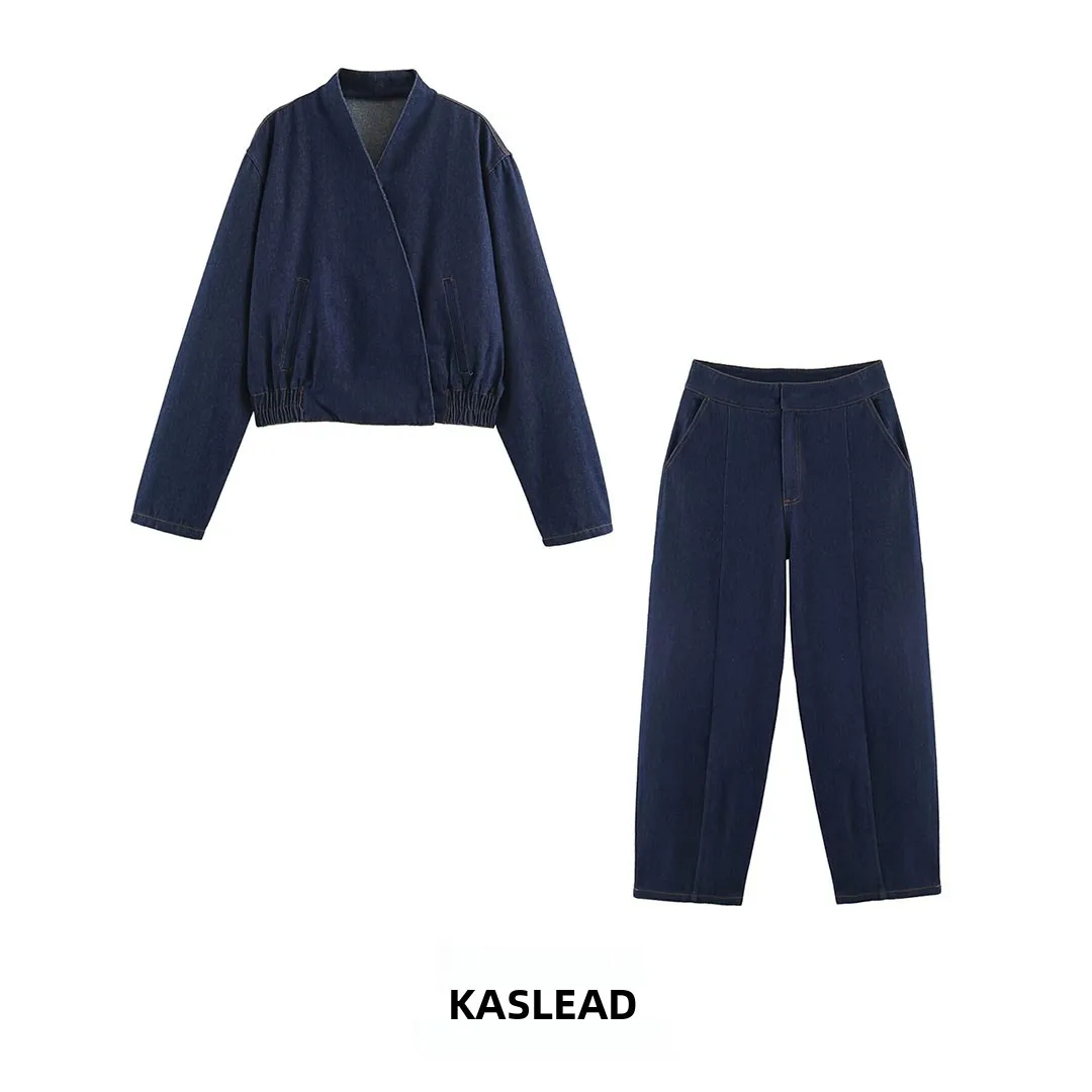 KASLEAD New Women's Fashion Denim Jacket Coat Autumn Short Sleeve Long Sleeve Two-Piece Set Windproof Casual Work Uniform