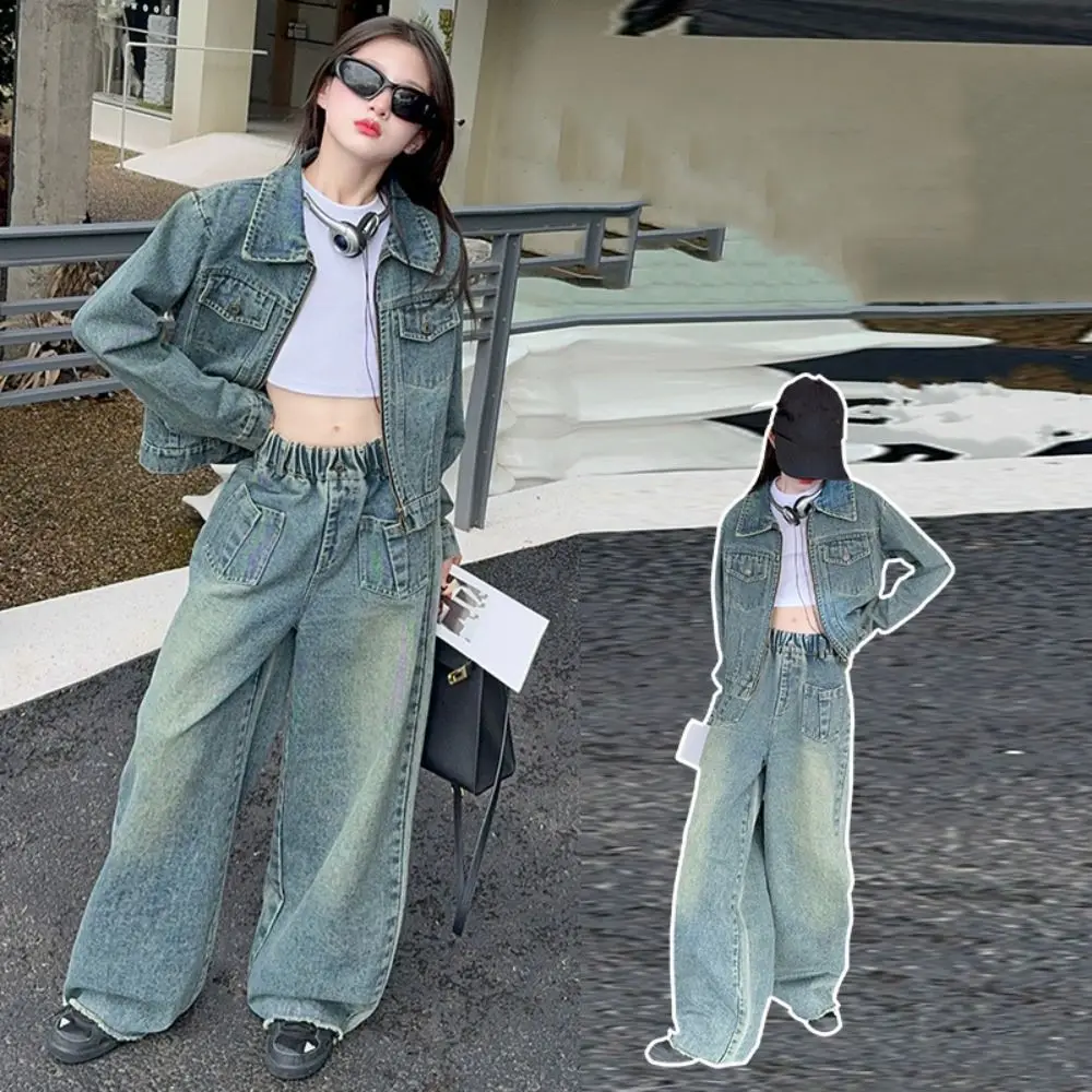 

Outfits Y2K Children Cowboy Set Loose Wide Leg Pants Jeans Jacket Suit Teens Retro Girls Clothes Set Kids