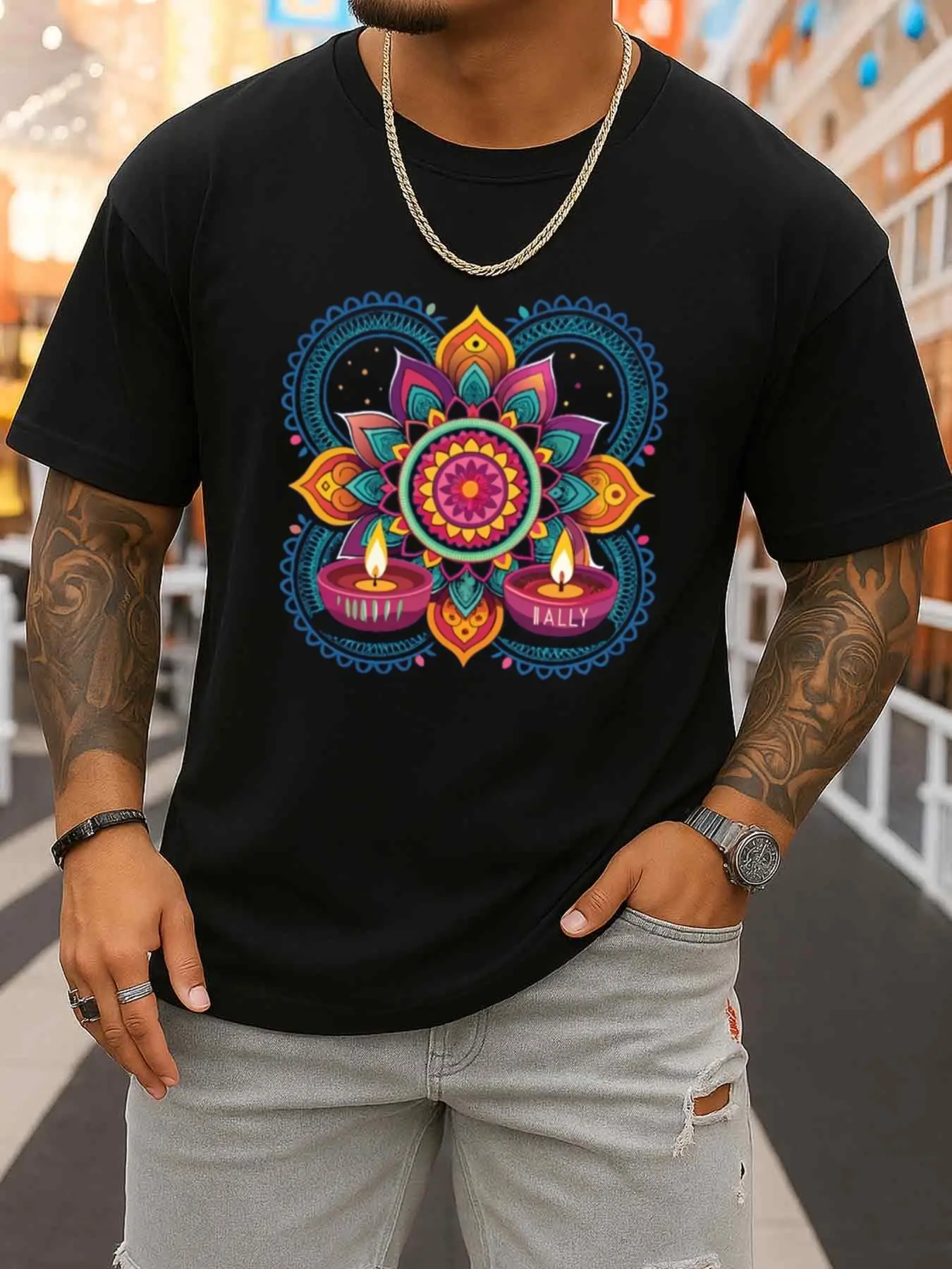 Men's Black Casual T-Shirt with Diwali Mandala Design, Perfect for the Summer of 2026. These Vintage-Style T-Shirts Offer a Comfortable Fit, Perfect for Everyday and Weekend Wear, and Are Ideal for Spring and Summer Streetwear Festivals.