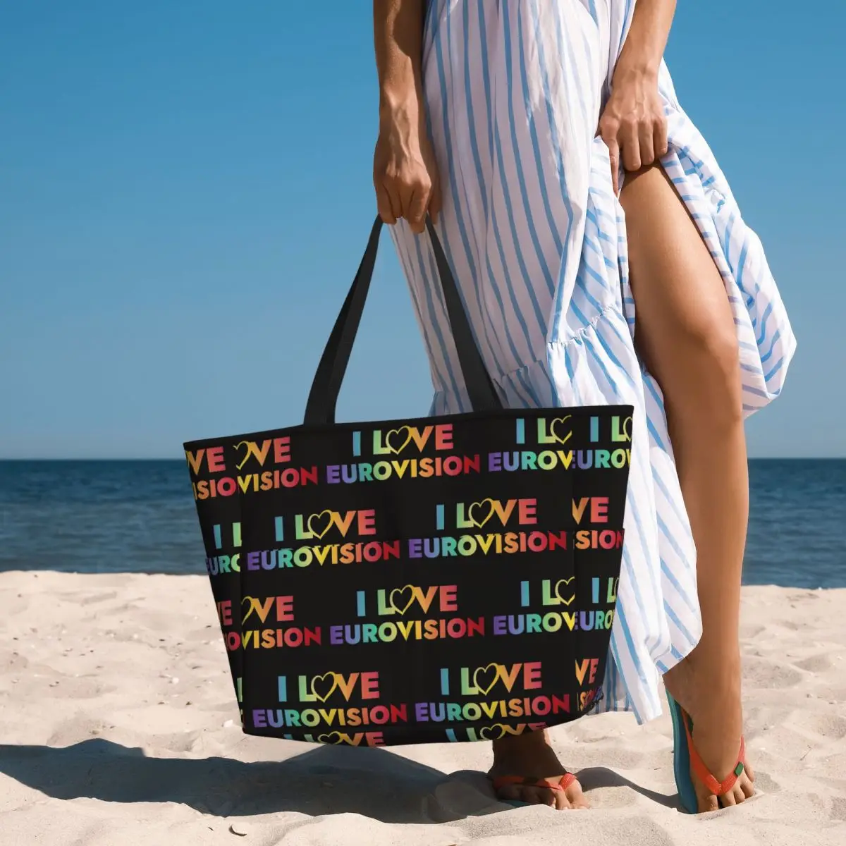 I Love Eurovision - Rainbow Pattern Beach Tote Bag Sport Gym Yoga Duffle Large Tote Bag Women Travel Bag Fitness bag