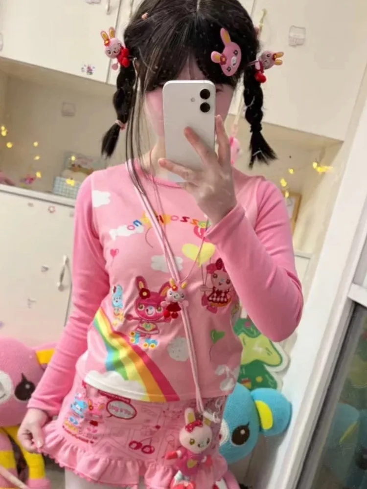 Japanese Fairy Embroidery Cartoon Cute Tshirts Contrast Color Patchwork T-shirt Women Y2k Aesthetic Grunge Casual Tees Harajuku