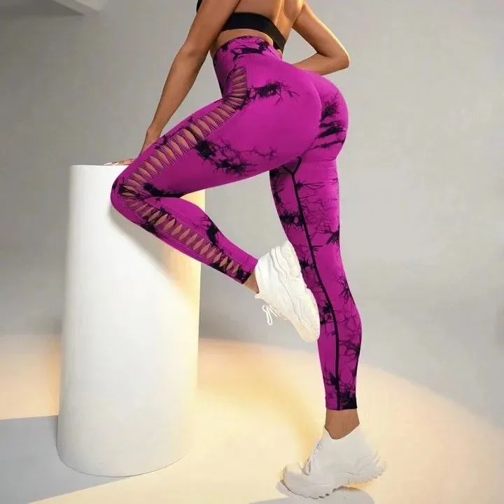 Solid Color Yoga Pants, High Waist and Hip Lift Fitness Trousers, Side Hollow Seamless Sports Leggings