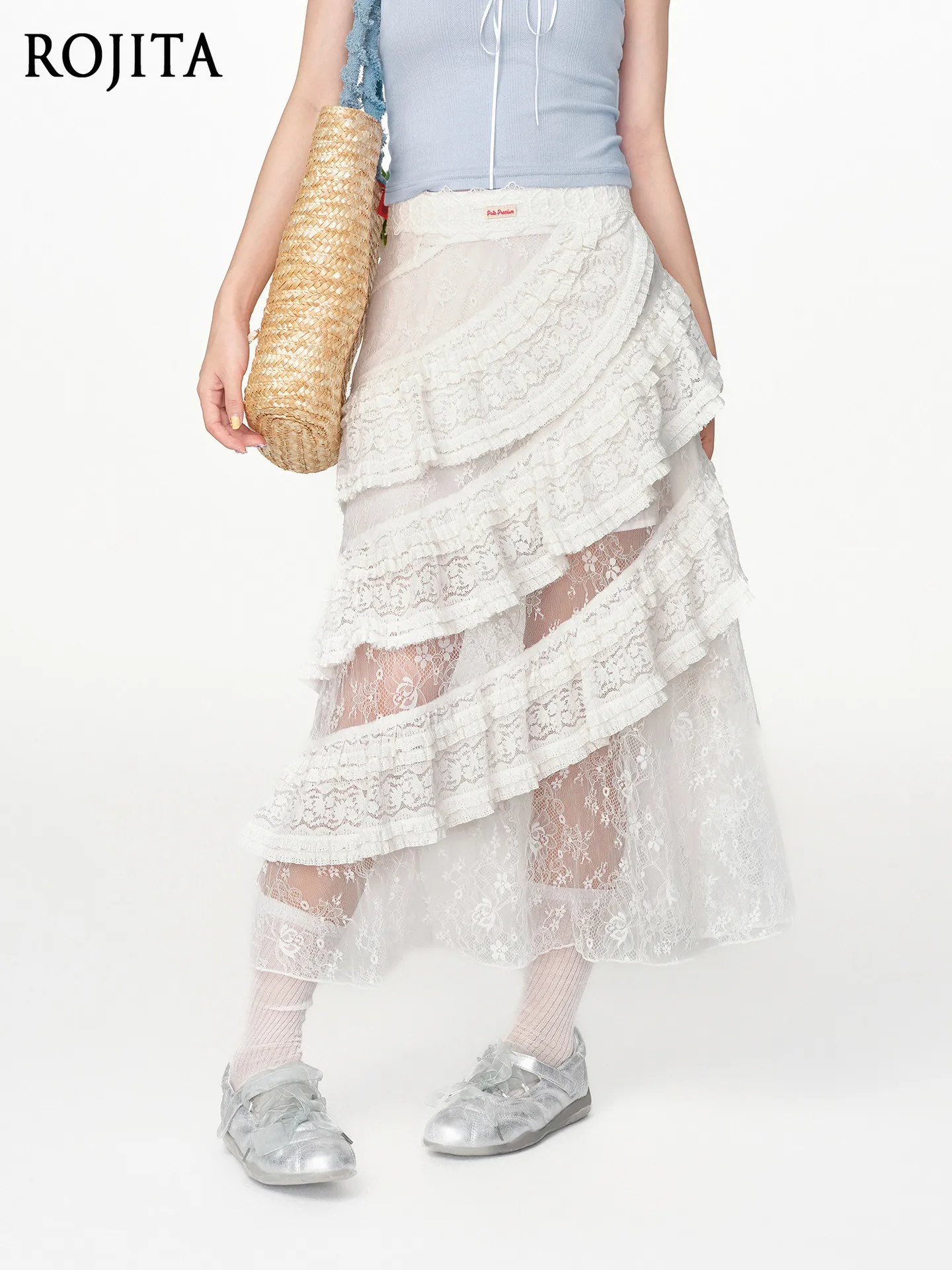 French White Lace Asymmetrical Midi Skirt Women's Summer New Ruffle Tiered Maxi Skirt Spice Girl White Lace Layered Gauze Skirt