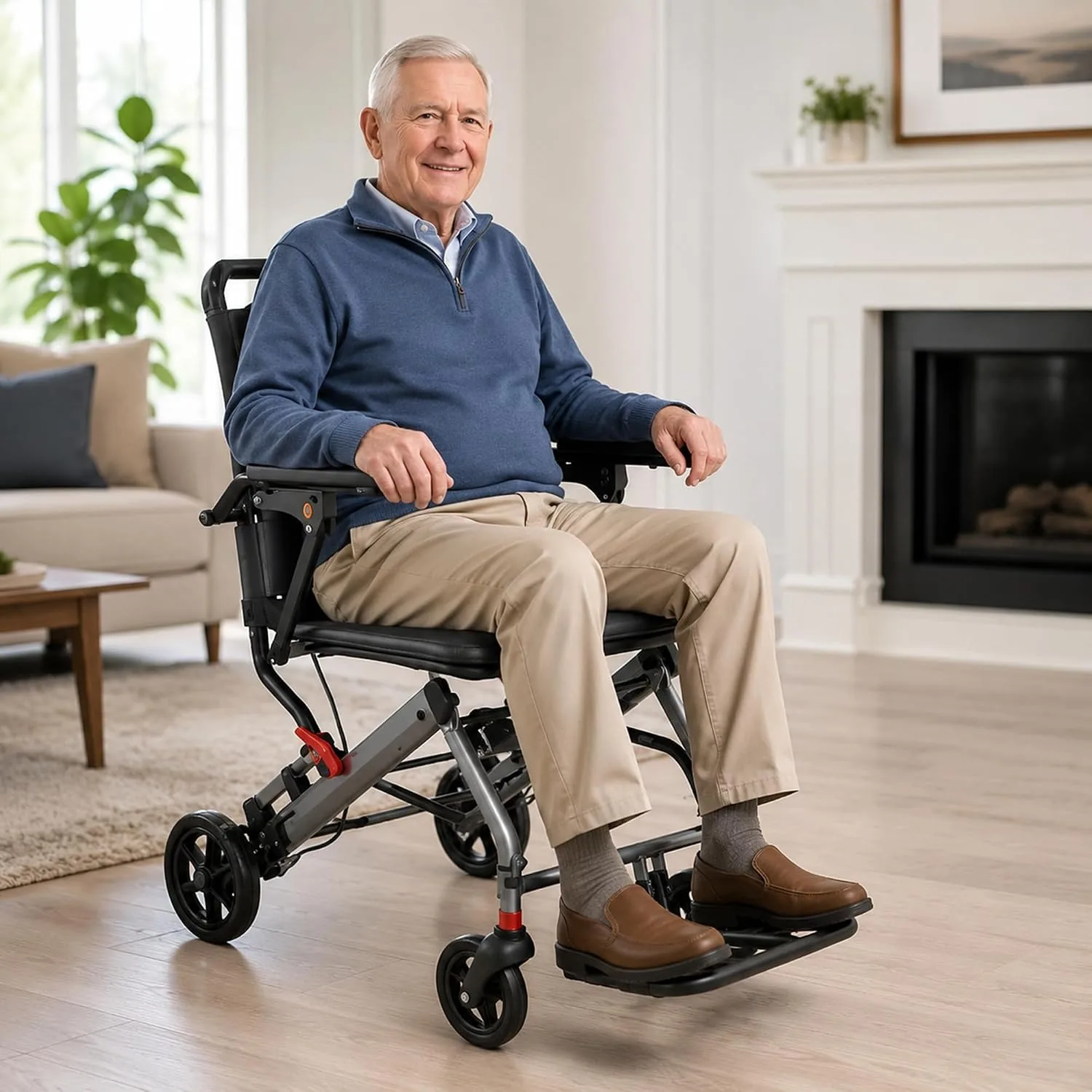 Lightweight Folding Transport Wheelchair for Adults 25 LB Aircraft Grade Aluminum Frame Wide Seat Flip Back Padded Armrests Swing Away Detachable Footrests Portable Travel Mobility Chair Gray Orange - view 8