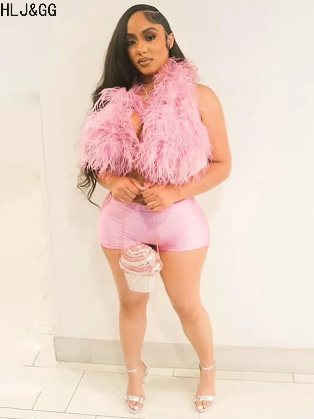 Hlj & gg sexy pele oco bandagem conjuntos de duas peças feminino v profundo sem mangas sem costas topo e shorts roupas moda 2 pçs streetwear