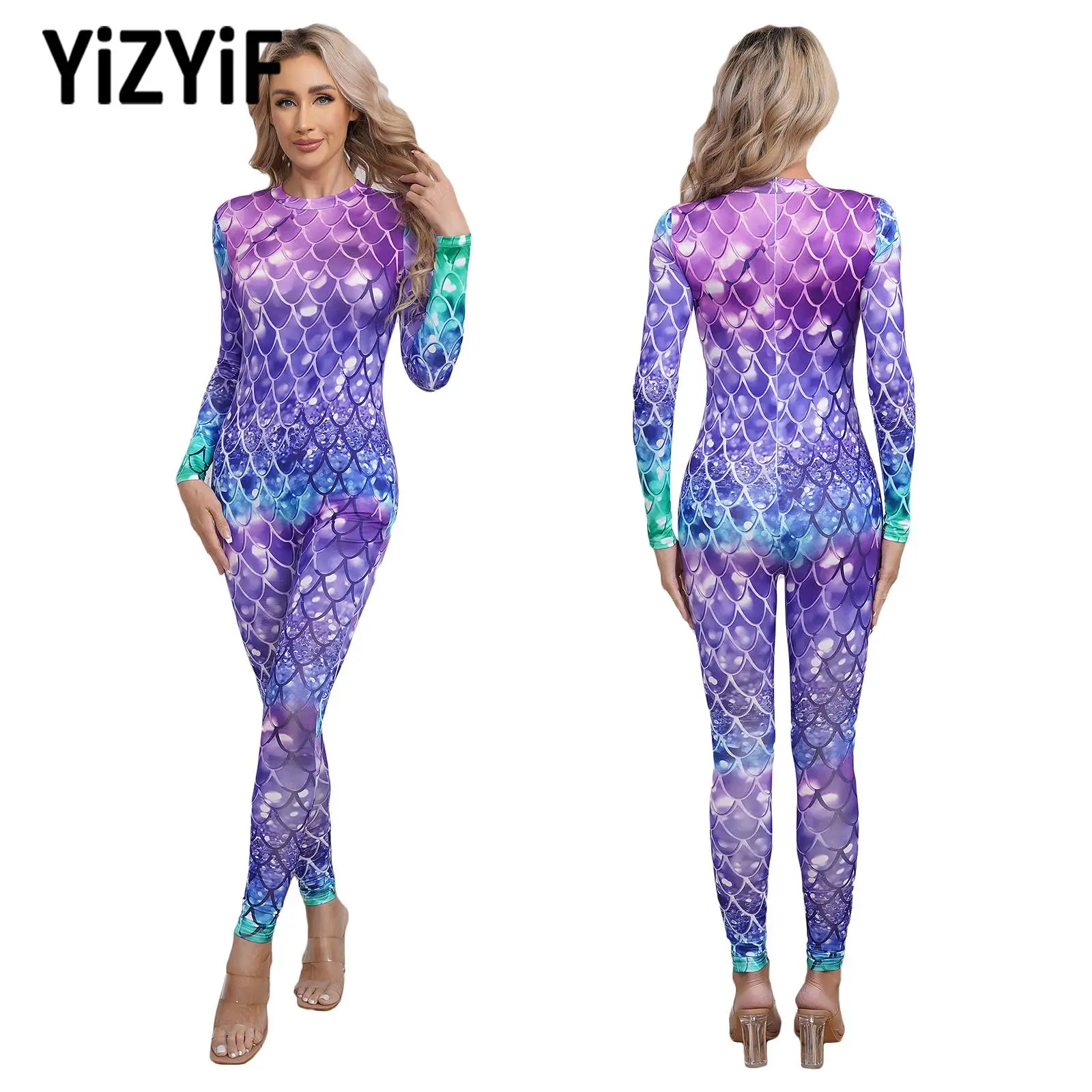 Womens Mermaid Fish Scale Print Jumpsuit Long Sleeve Full Body Romper Bodysuit Swimsuit Stage Carnival Halloween Cosplay Costume