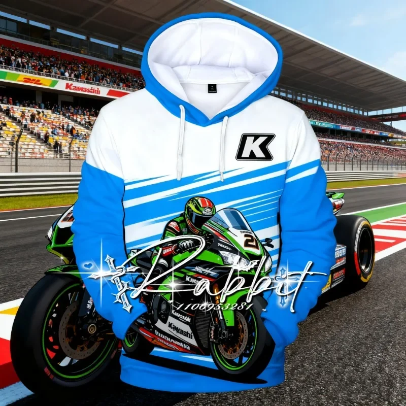 2025 nouveau automne/hiver Kawasaki Racing Team moto course mode rétro sweat à capuche chaud hommes décontracté sweat à capuche ample