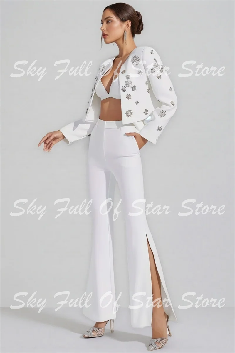 Luxury Crystal Flower Embellished White Women 2Pcs Suit Round Neck Crop Jacket High Waist Split Flared Pants Matching Outfit