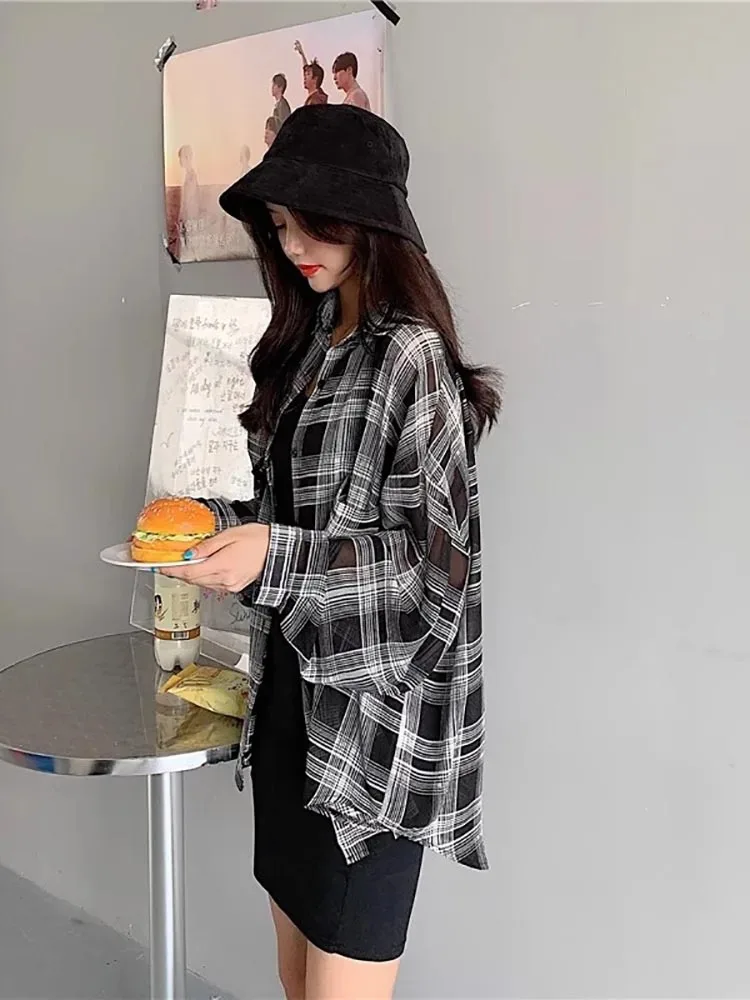 

Летняя женская клетчатая одежда больших размеров из ледяного шелка, тонкая верхняя одежда с защитой от солнца, топ с запахом на плечах, летняя одежда Long Sve Midi