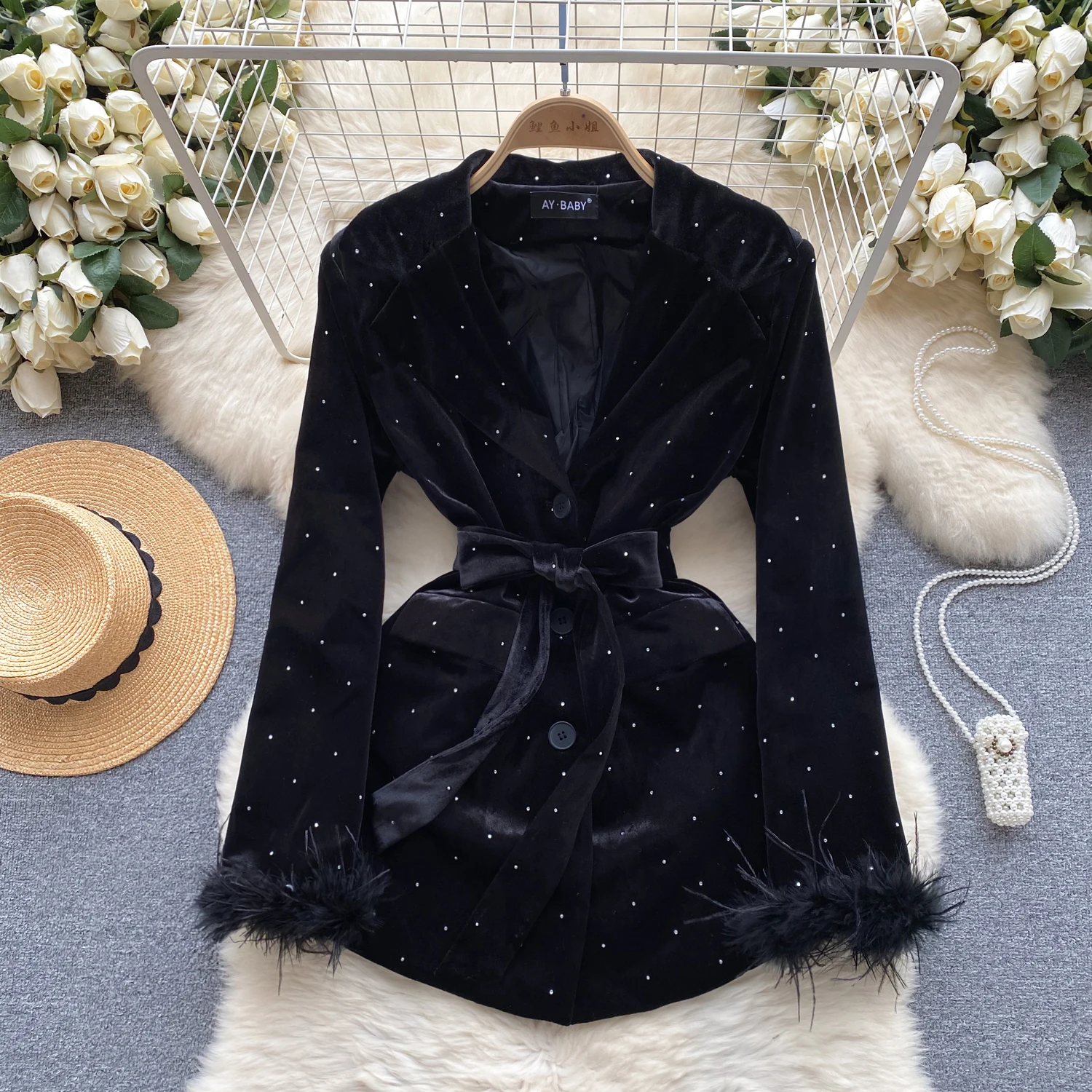 Vintage Rhinestone Button Casual Notched Collar Bandage Women Chic Coat High Street Korean Office Lady Autumn Winter Clothing