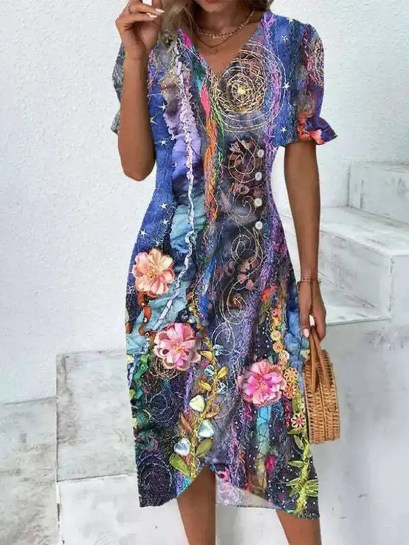 우아한 플로럴 플리츠 H라인 미디 드레스 여성용 V넥 퍼프 소매 허리 주름 버튼 드레스 여름 원피스 WJR8