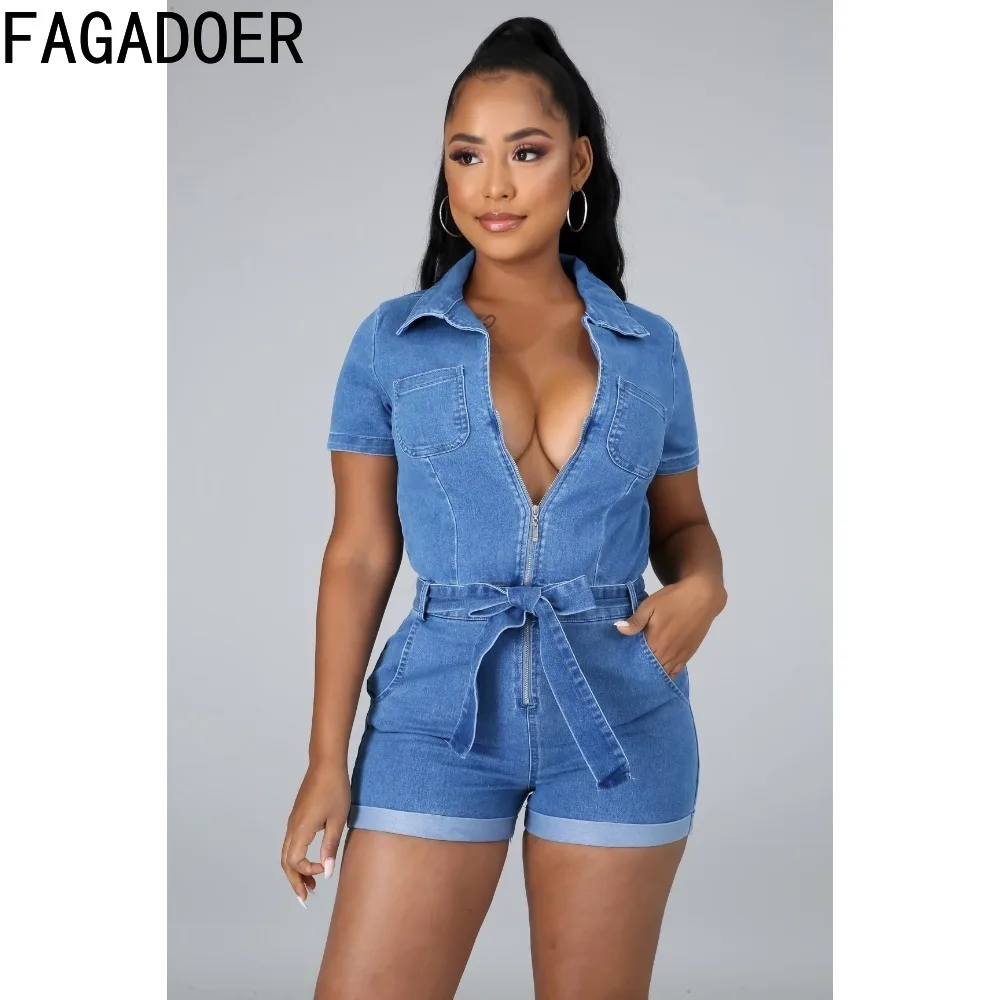 Fagadoer-macacões jeans com bolso para mulher, macacão jeans, manga curta, slim, com cordões e zíper, moda