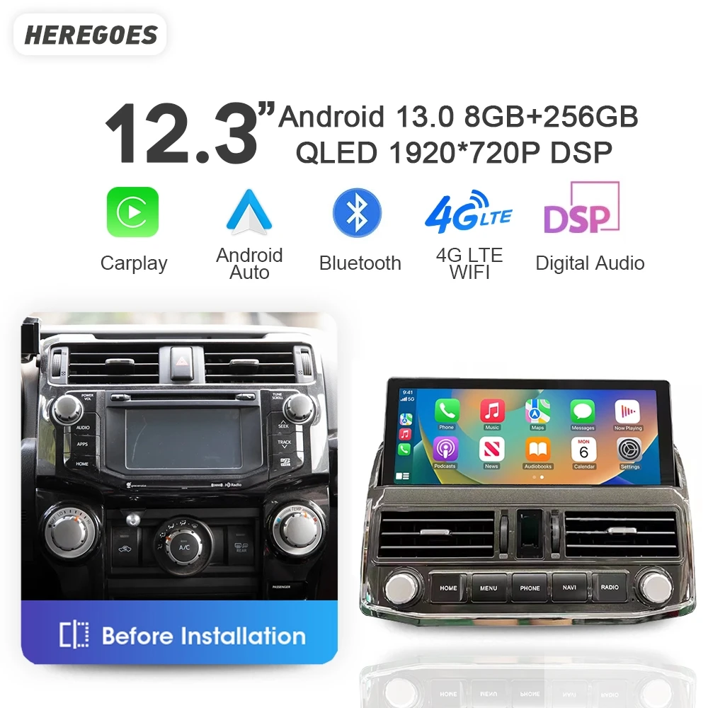 

CarPlay QLED Auto Android 13 6GB+126GB Car Radio GPS Player Autoradio Wifi Bluetooth DSP For Toyota 4Runner 4 Runner 2009-2022