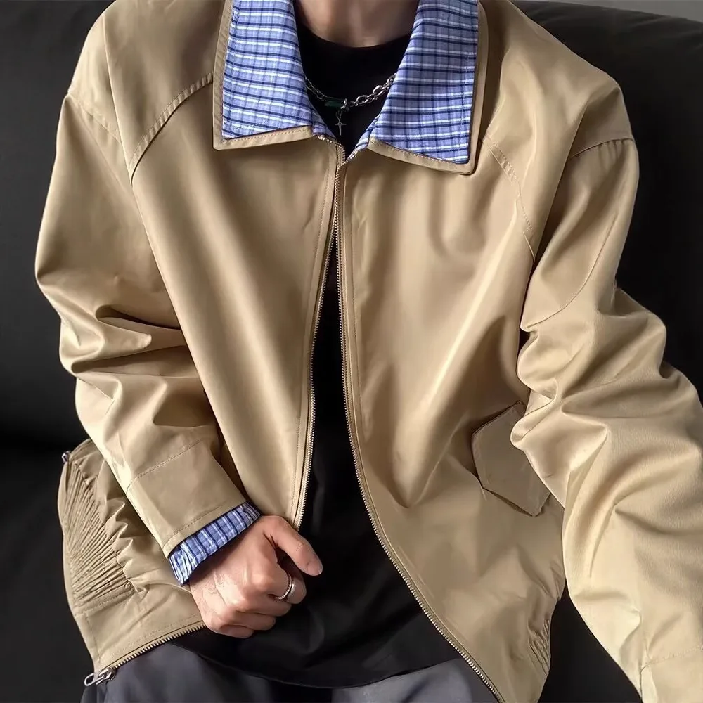 New Fashion Autumn Men Plaid Color-coded Turn-down Collar Long Sleeve Zipper Casual Trendy Simple Jackets Male Coats Clothes