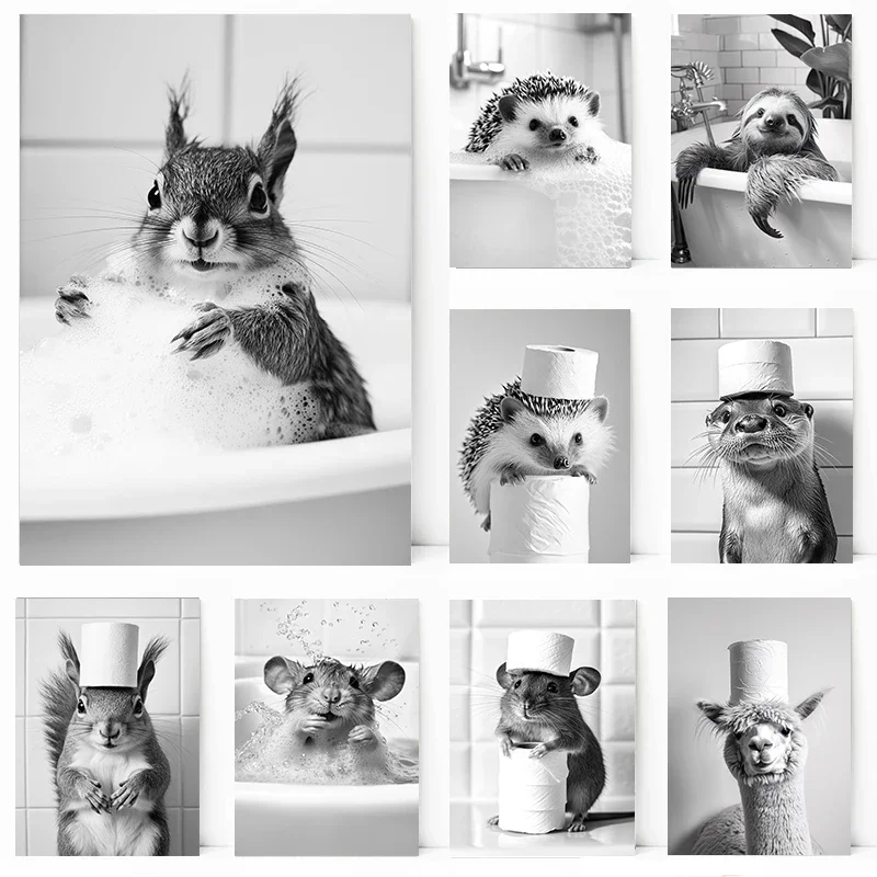 Black and White Cute Animal and Toilet Paper Poster cat hedgehog sloth Canvas  Wall Art Bathroom Living Room Home Decor