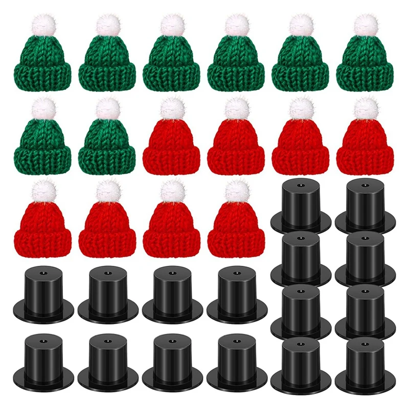 FBIL-32PCS Doll Mini Hats Include 16 Mini Knitting Santa Hats And 16 Black Plastic Christmas Hat Miniature Plastic Top Hats