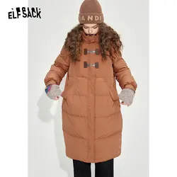 ELFSACK Vintage Orange Warm Down Coats Women 2023 Winter Loose Mid-length Casual Coats