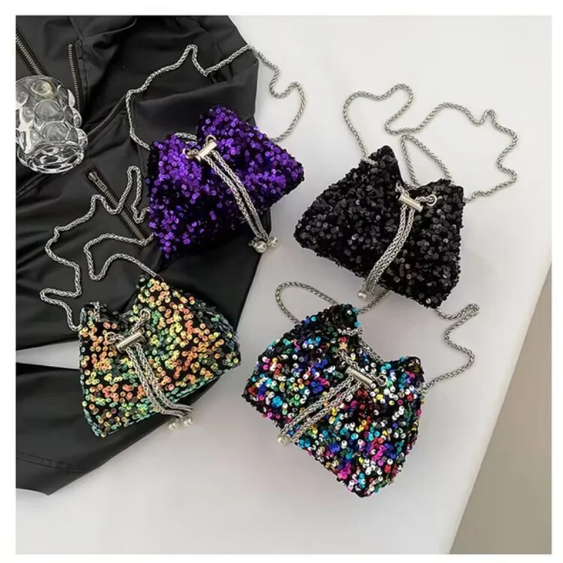 

Fashion Personalized Sequined Bag Women's 2025 New Bucket Bag Foreign Style Shoulder Bag Trendy Messenger Dinner Bag