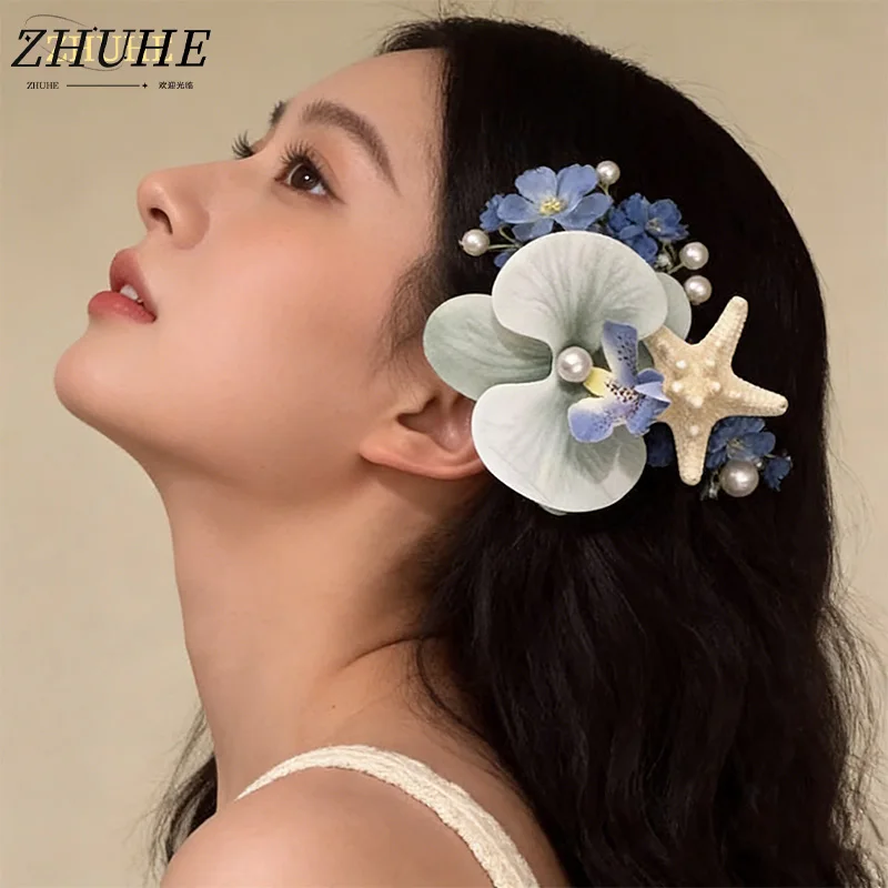 

Copper Beach Hair Barrettes – Orchid & Starfish Design with Pearl, Jewelry Accessories for Women & Men, Tropical Floral Hair Cl