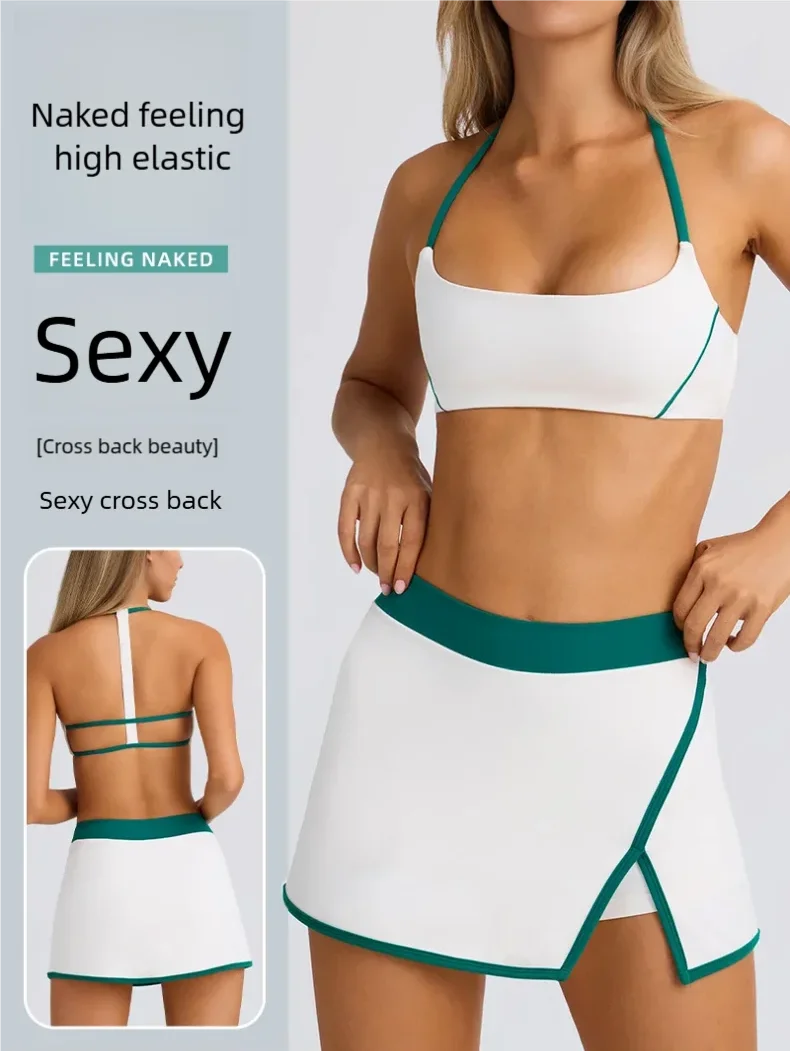 

Women's sexy running and outdoor halterneck sports bra, camisole, strap yoga and tennis skirt set, suitable for gym workouts.