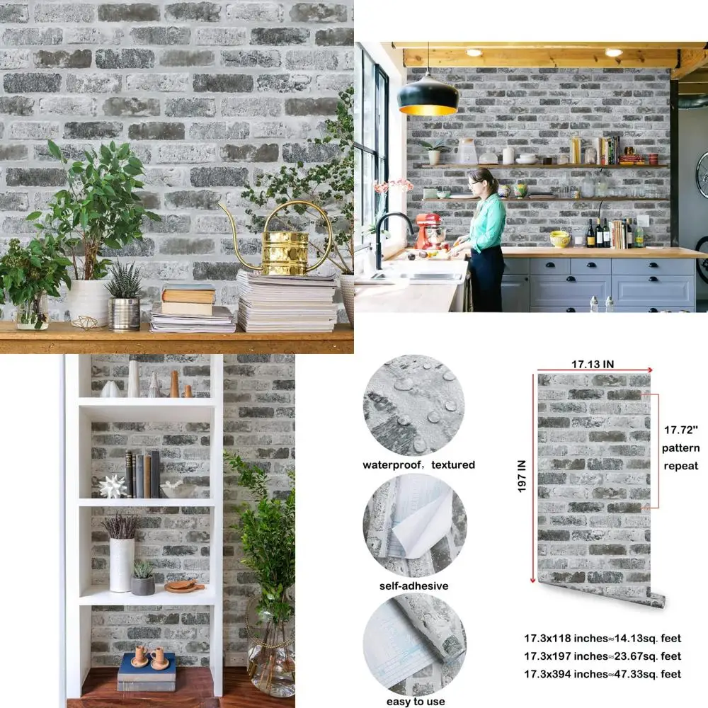 ورق جدران قابل للتقشير واللصق ثلاثي الأبعاد من الطوب الرمادي - ورق اتصال ذاتي اللصق على الطراز العتيق لسهولة تزيين الجدران