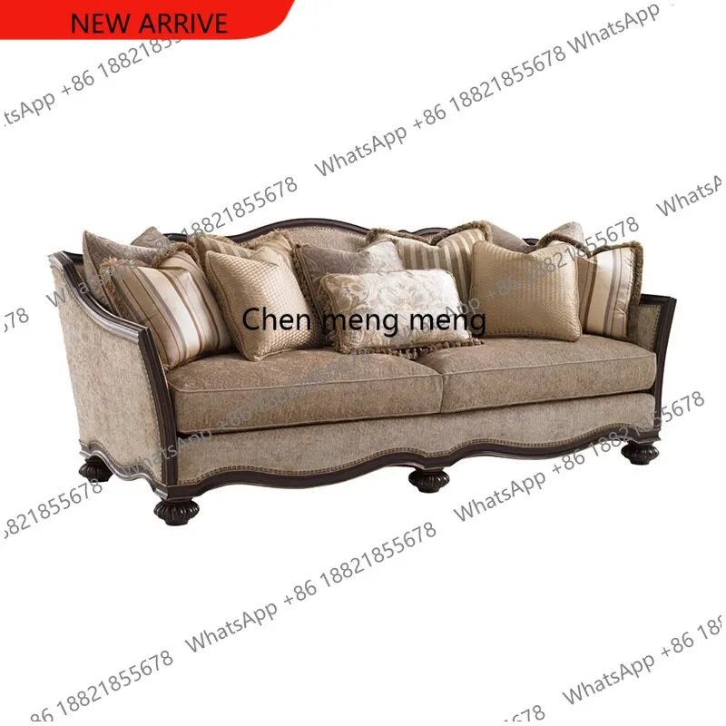 M32 American retro wind solid wood carving flower fabric sofa living room three-person sofa combination straight row