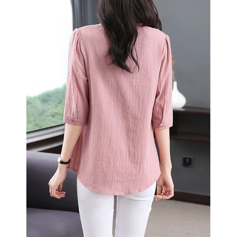 Summer New Oversized Pure Cotton Loose Shirt Ladies 3/4 Sleeve Casual Fashion Solid Pullover Tops Women Simple All-match Blouse