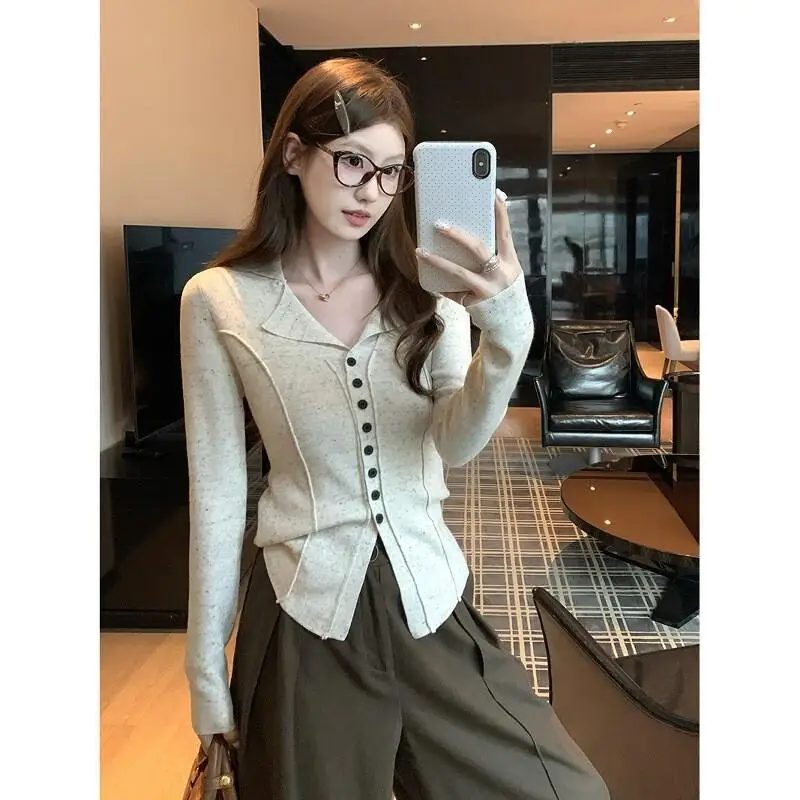 

Женский шерстяной вязаный кардиган во французском стиле с лацканами в стиле ретро, осенне-зимнее пальто, утягивающие универсальные топы с базовым слоем