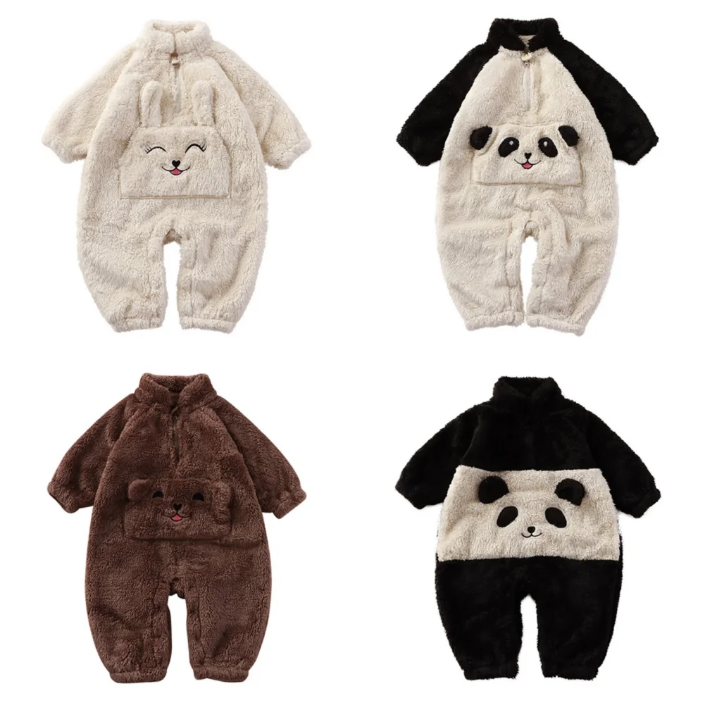 Autumn Winter Baby Rompers Lovely Cartoon Bunny Panda Flannel Long Sleeve Bodysuit Boy Girls Fleece Soft Warm Homewear Pajamas