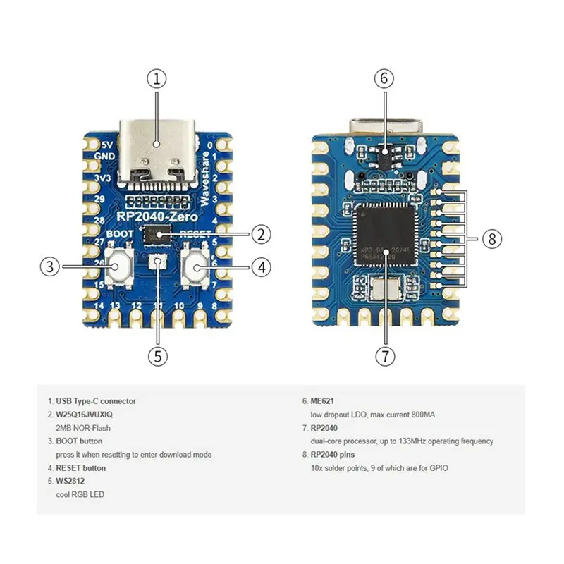 A33T-RP2040-Zero Microcontroller Development Board For Raspberry Pi RP2040 Dual-Core Cortex M0+ Processor 2MB Flash 20Pcs