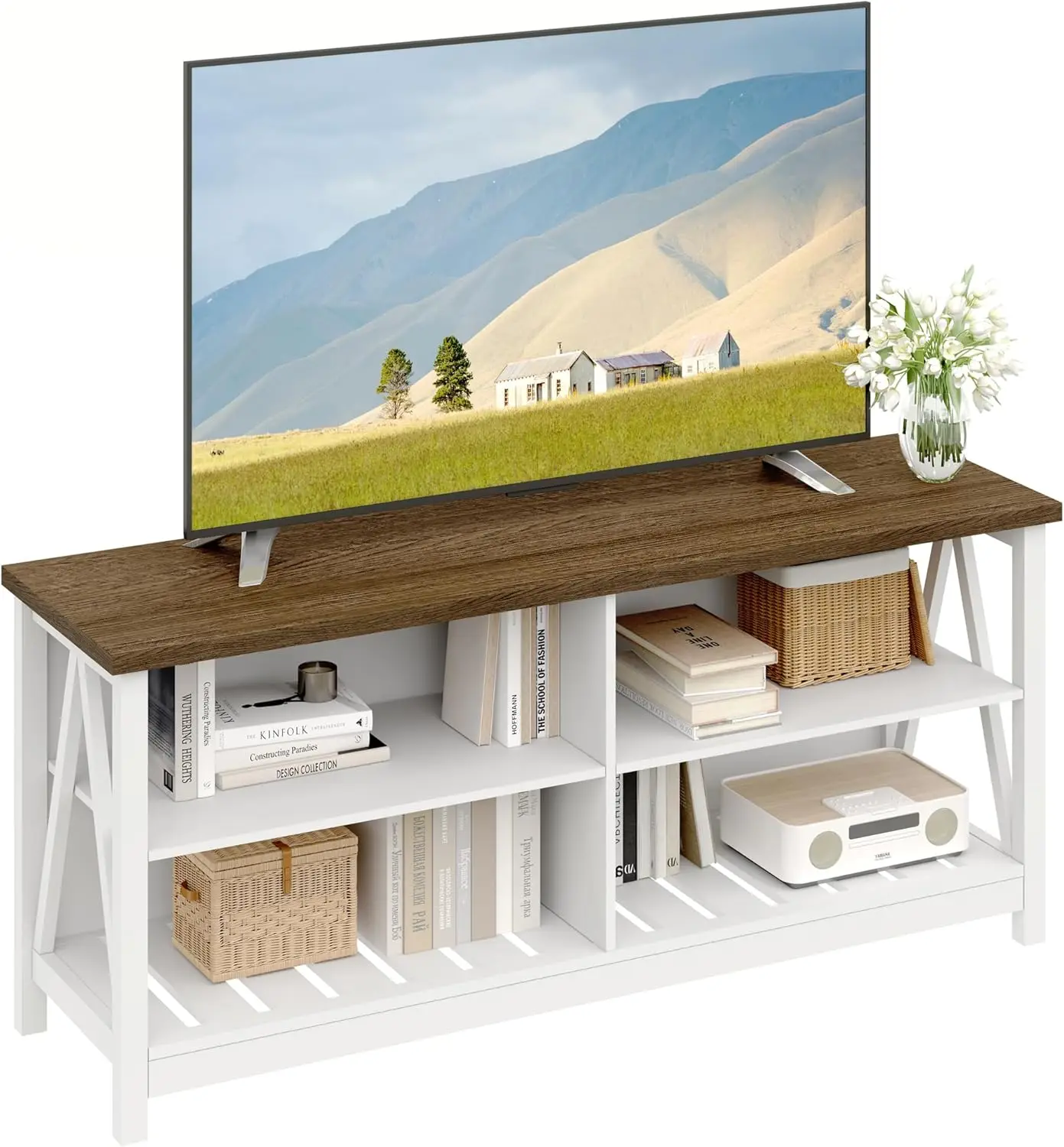 

Farmhouse TV Stand for TVs up to 55 Inch, Modern Entertainment Center with 4 Open Shelves & Built-in Cable Holes