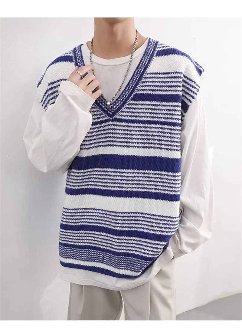 V-neck Striped Knitwear Men's Vest Autumn Pullover Sweater Sleeveless Blue Black