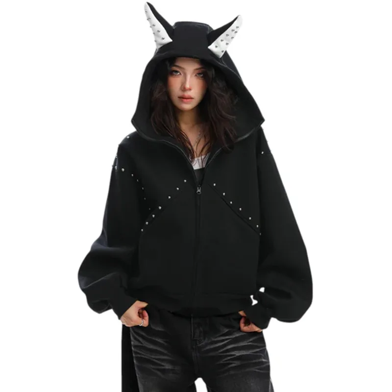 Gothic Punk Studded Animal Ear Hoodie-Asymmetric Patchwork Unisex Streetwear Couple Matching Jacket Goth Grunge Aesthetic Coat