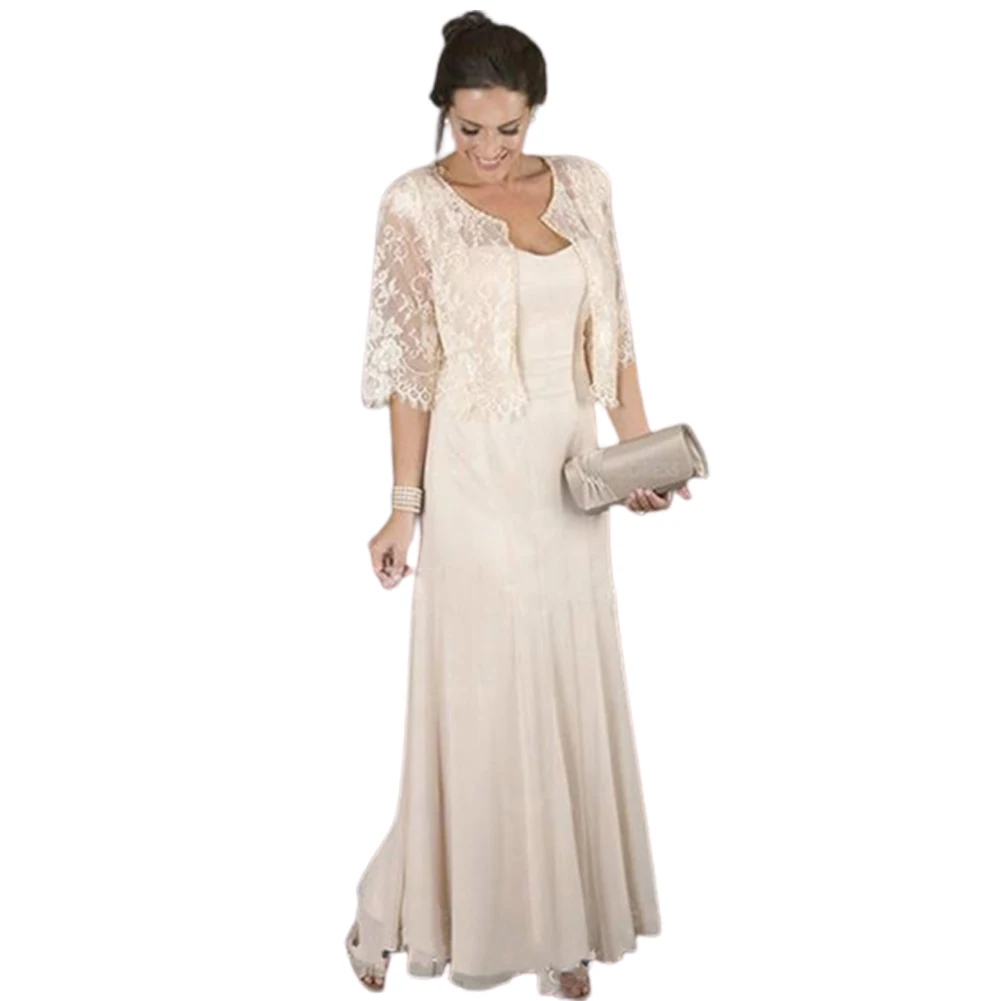 

Long Chiffon Mother Of The Bride Dresses with Lace Jacket Bolero Champagne Godmother Wedding Guest Party Groom Mother's Gowns