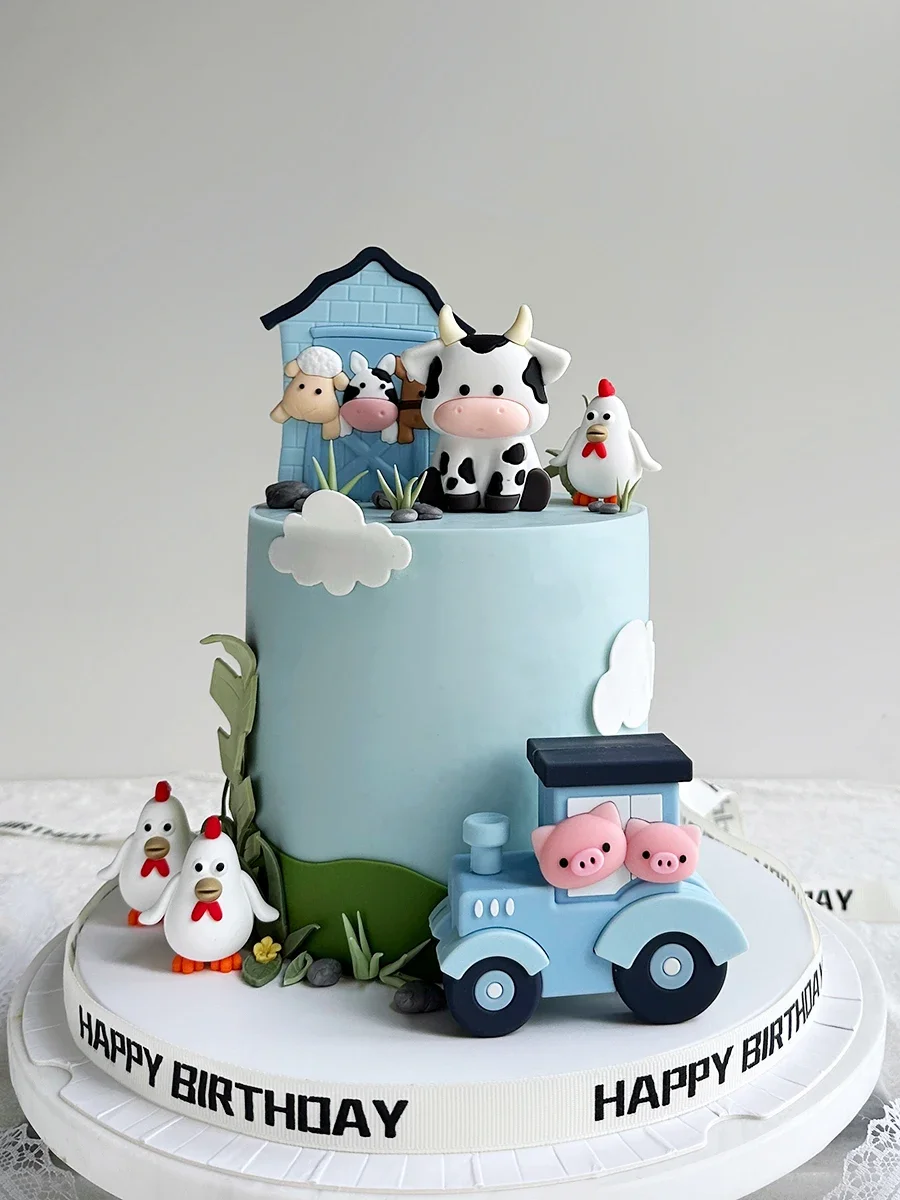 Decorazione per torta di animali da fattoria bambini buon compleanno argilla mucca pulcino fatto a mano Cake Topper bambini Baby Shower forniture