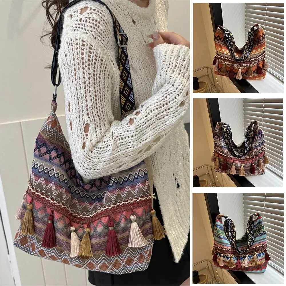 

Tassel Ethnic Style Crossbody Bags Large Capacity Woven Bag Fringe Shoulder Bag Geometric Messenger Bag Bohemian Tote Bag