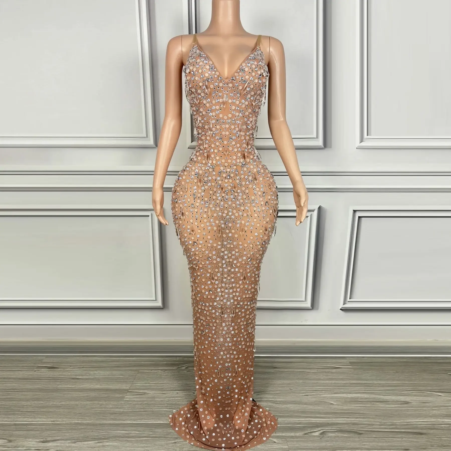 Sparkly Diamond Sexy See-Through Mesh Sheath Dress Nightclub Performance Custome Singers Stage Wear Birthday Evening Party Dress