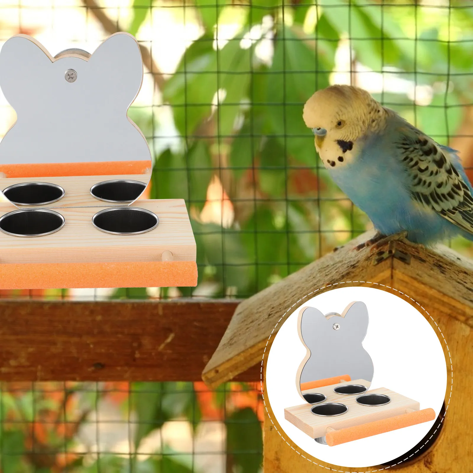 1セットの鳥用ミラー、木製止まり木と2つのボウル付き、オウムのケージ用給餌ステーション、コンゴウインコ、オカメインコ、セキセイインコの遊び場、知育玩具