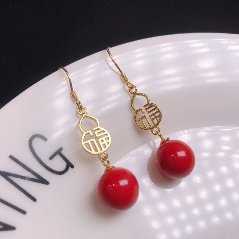 Original Natural Cinnabar Blessing Prosperity Safety Earrings Jewellery Fashion Accessories DIY Hand-Carved Woman Amulet Gifts