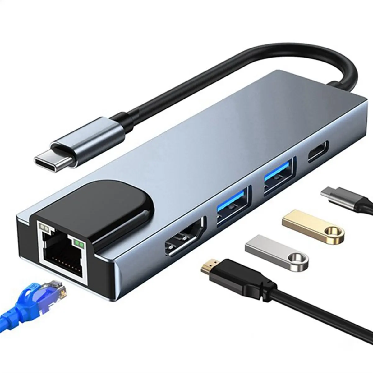 A85P Type C Docking Station HUB 5-in-1 Type C to RJ45 USB3.0 USB C HUB Type C Splitter to HDMI-Compatible 4K Laptop Adapter