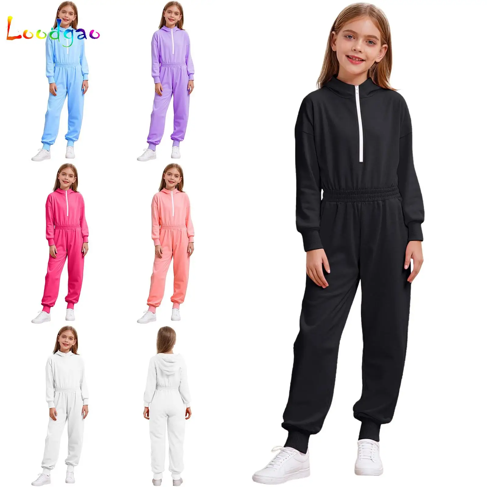 

Детский повседневный комбинезон с капюшоном для девочек, однотонный комбинезон на молнии спереди с длинными рукавами, школьный праздник, пикник, цельный комбинезон Y2k, уличная одежда