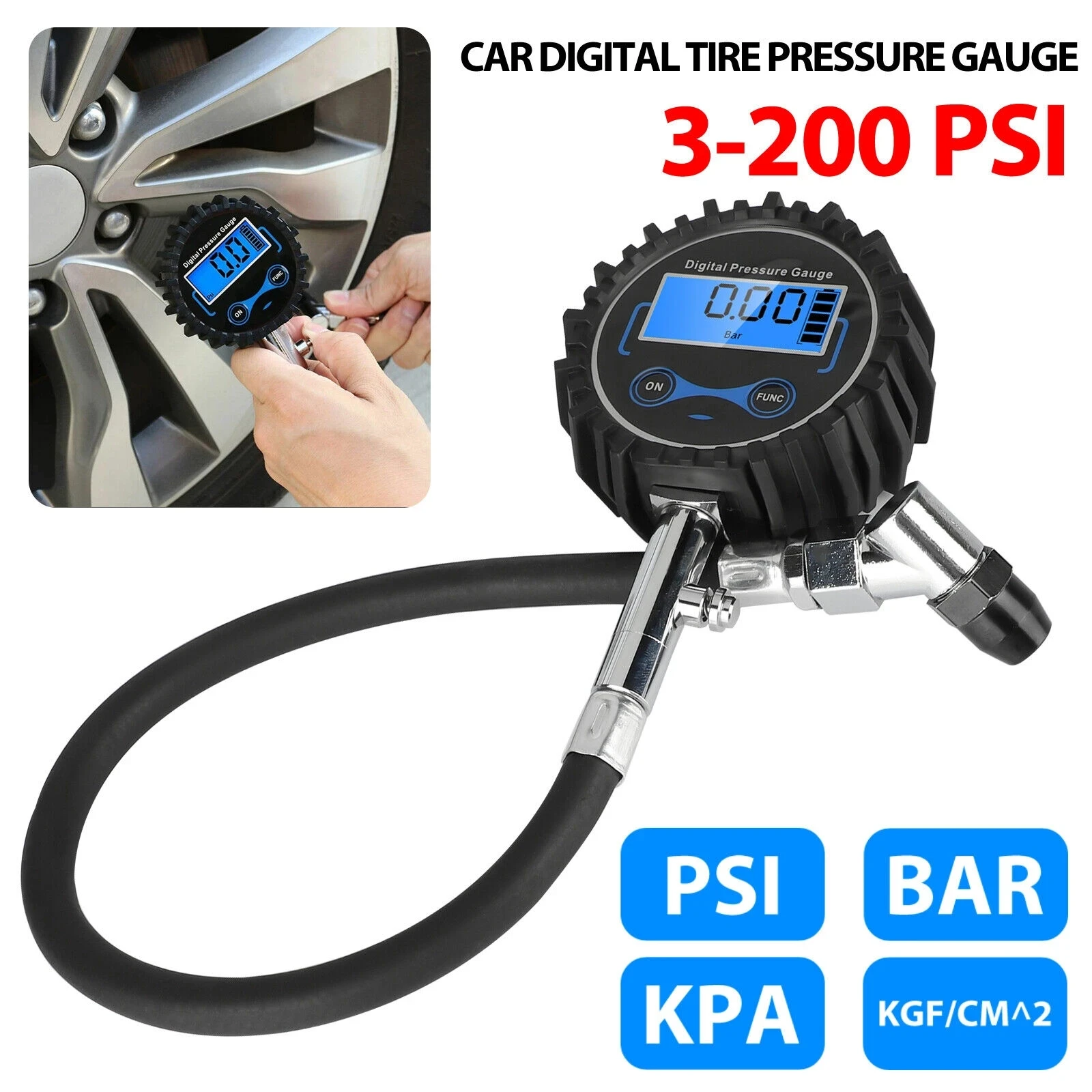 200 PSI Digital Car Tire Air Pressure Inflator Gauge LCD Display LED Backlight Vehicle Tester Inflation Monitoring with 3 Head