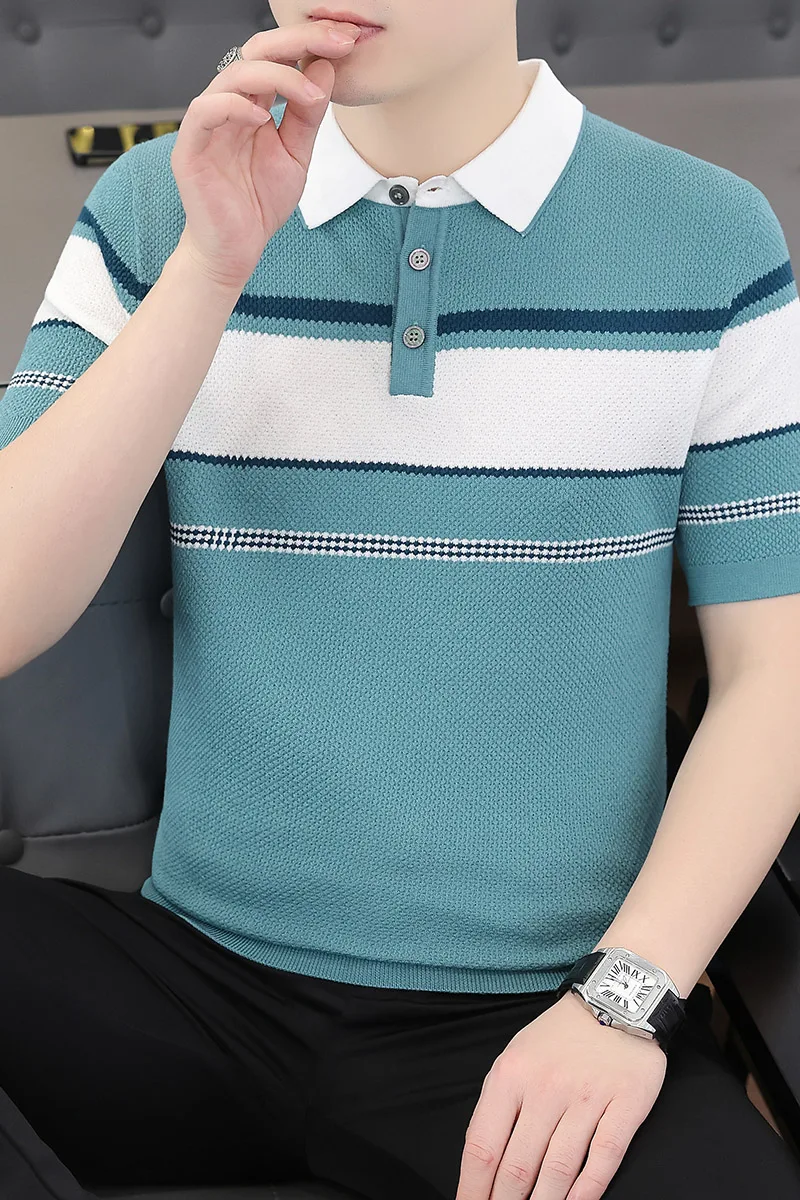 2026 Summer New Style Men's Fashion Casual Knitted Hemp Silk Polo Shirt With Jacquard Short Sleeve T-Shirt