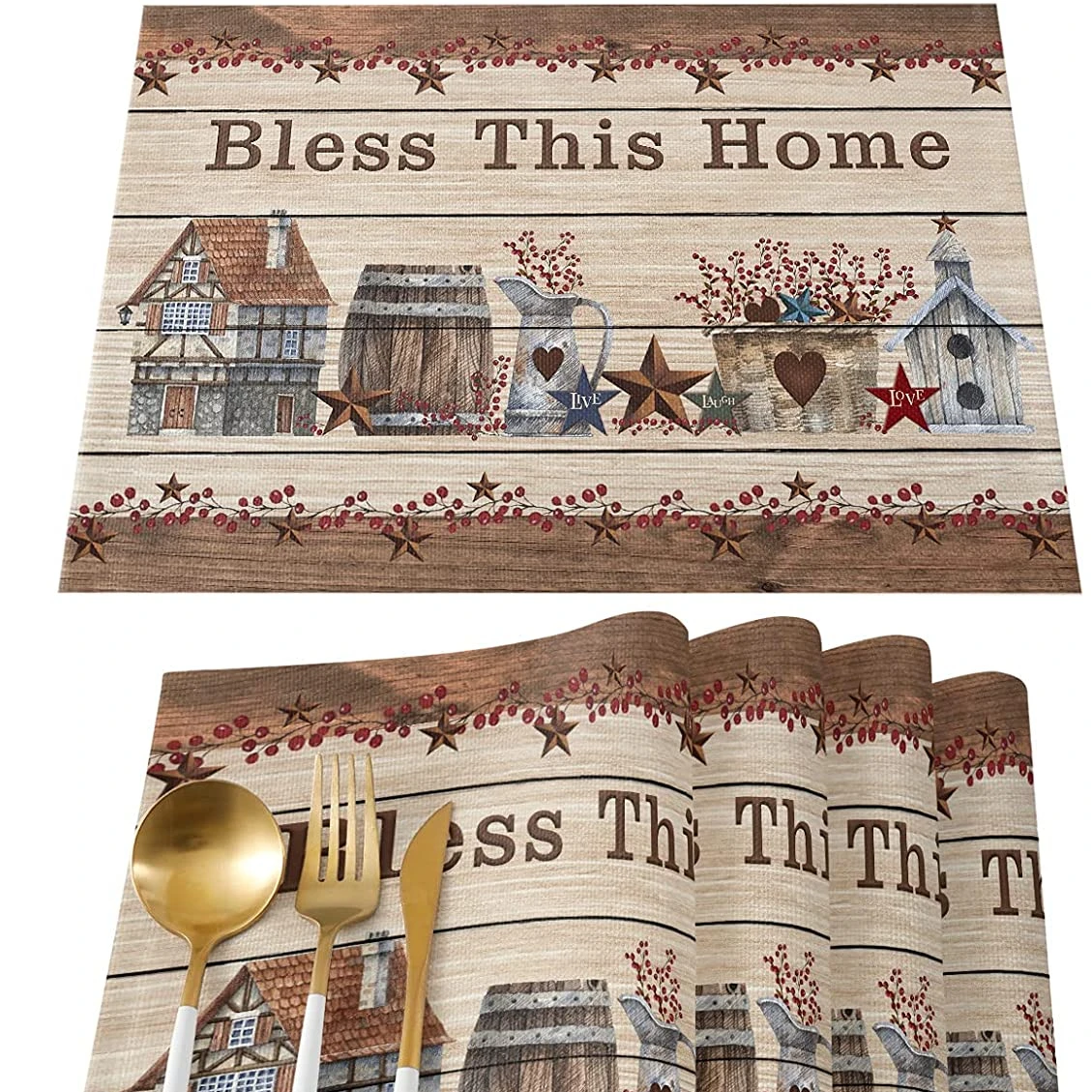 

Vintage Bless Home Placemat Set of 4 Stone House Linen Table Mat Kitchen Dining Table Decoration 45x30 Non-slip Heat Resistant