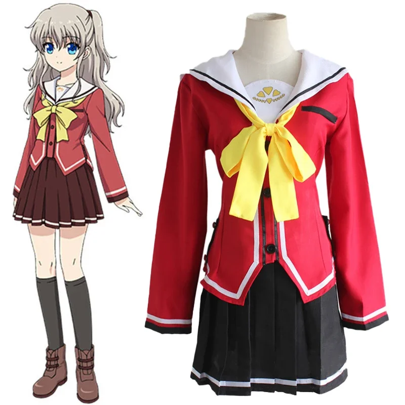 Anime Charlotte Tomori Nao / Yusa Nishimori School Uniform Cosplay Costumes Full Set Sailor Suit Ponytails Girl Silver Pink Wigs